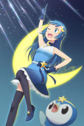  1girl ;d absurdres arm_up beads black_thighhighs blue_dress blue_eyes blue_footwear blue_gloves blue_hair blurry blurry_foreground blush commentary creatures_(company) crescent crescent_hair_ornament dawn_(pokemon) dress english_commentary game_freak gen_4_pokemon gloves gradient_dress hair_ornament highres long_hair looking_up nintendo one_eye_closed open_mouth piplup pokemon pokemon_(anime) pokemon_(creature) pokemon_journeys pokemon_swsh075 scarletsky shoes signature sleeveless sleeveless_dress smile teeth thighhighs tongue upper_teeth_only  rating:Sensitive score:15 user:danbooru