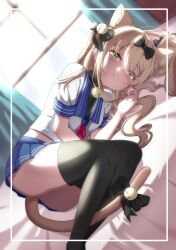  1girl animal_ears bed bell black_bow black_choker black_thighhighs blonde_hair blue_sailor_collar blue_skirt blurry blurry_background bow breasts cat_ears cat_tail choker curtains day dutch_angle girls&#039;_frontline green_eyes hair_bell hair_bow hair_ornament hair_spread_out half-closed_eyes hand_up hayarob indoors jingle_bell legs_together light_blush long_hair looking_at_viewer lying miniskirt multiple_hair_bows neck_bell neckerchief on_bed on_side parted_lips pleated_skirt red_neckerchief sailor_collar sailor_shirt school_uniform serafuku shirt short_sleeves skirt small_breasts solo sunlight tail tail_bell tail_bow tail_ornament thighhighs tmp_(girls&#039;_frontline) white_shirt window 