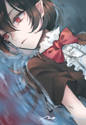  1girl bangs black_dress black_hair bow bowtie buttons center_frills commentary_request dress frilled_dress frills highres houjuu_nue looking_to_the_side lying_on_water makita_(vector1525) medium_hair pointy_ears red_eyes red_neckwear red_wings short_sleeves signature solo tears touhou upper_body water wings 