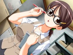  1girl box breasts brown_eyes brown_hair clipboard closet dutch_angle game_cg glasses hair_ornament hairclip large_breasts nakadashi_teatime office_lady pen ponytail solo source_request tatsuya_(complet&#039;s) uniform 