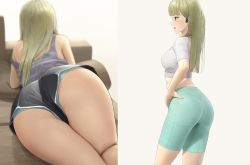 1girl ano_(gccx8784) aqua_panties aqua_shorts ass ass_focus bad_id bad_pixiv_id bike_shorts black_shorts blonde_hair blush breasts couch crop_top grey_shirt highres long_hair lying medium_breasts multiple_views on_couch on_stomach open_mouth original panties profile shirt short_hair short_shorts shorts simple_background strap_slip tank_top underwear upshorts white_background white_shirt yellow_eyes rating:Questionable score:86 user:danbooru