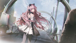  animal_ears bare_back bare_shoulders bear_ears building chinese_commentary chouyin_vhu city cityscape collar commandant_(punishing:_gray_raven) commentary_request dress glass headphones highres looking_at_viewer looking_back mechanical_arms official_art pantyhose pink_eyes pink_hair punishing:_gray_raven skyscraper smile teddy_(punishing:_gray_raven) 