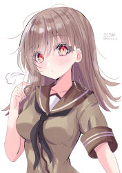  1girl absurdres black_neckerchief brown_hair commentary_request green_sailor_collar grey_shirt highres hizaka kantai_collection long_hair neckerchief one-hour_drawing_challenge ooi_(kancolle) red_eyes sailor_collar school_uniform serafuku shirt short_sleeves simple_background solo upper_body white_background 