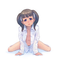 1girl bottomless copyright_request dress_shirt female_pubic_hair loli naked_shirt navel open_clothes open_mouth open_shirt pubic_hair shirt simple_background solo sparse_pubic_hair twintails weno rating:Explicit score:21 user:danbooru