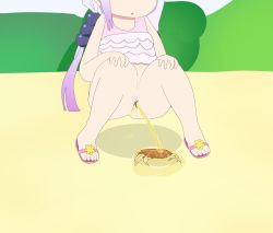  1girl animal animal_abuse beach bikini bikini_top_only bottomless breath bush censored crab grey_hair hair_bobbles hair_ornament hands_on_own_knees highres kanna_kamui kobayashi-san_chi_no_maidragon loli long_hair low_twintails multicolored_hair open_mouth peeing pink_bikini pink_footwear puddle purple_hair pussy rollerc04ster sand sandals squatting swimsuit twintails two-tone_hair  rating:Explicit score:26 user:cpee