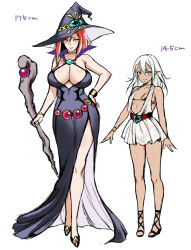 2girls aqua_eyes arms_at_sides bare_legs bare_shoulders belt bikini black_bikini black_bra black_panties blush bra bracelet breasts character_sheet cleavage concept_art curvy dark-skinned_female dark_skin dress fang fang_out full_body green_eyes hand_on_own_hip hat height height_comparison height_difference horns jewelry large_breasts long_hair looking_at_viewer multiple_girls no_bra oni oni_horns panties pigeon-toed pleated_dress pointy_ears see-through see-through_dress shoes short_dress side_slit simple_background sketch sleeveless sleeveless_dress small_breasts staff standing swimsuit tagme underwear usagi_nagomu white_background white_dress witch witch_hat rating:Questionable score:26 user:cheezeit