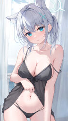  1girl absurdres animal_ear_fluff animal_ears aqua_eyes bare_shoulders blue_archive blue_halo blush breasts cleavage collarbone cross_hair_ornament extra_ears grey_hair hair_between_eyes hair_ornament halo highres large_breasts looking_at_viewer medium_hair navel shiroko_(blue_archive) solo wolf_ears yuuichi_yuiko 