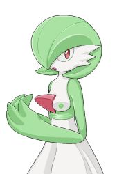  1girl breasts colored_nipples colored_skin creatures_(company) female_focus game_freak gardevoir gen_3_pokemon green_hair green_nipples green_skin hair_over_one_eye hands_up hisafumi jaggy_lines looking_at_viewer multicolored_skin nintendo nipples open_mouth pokemon pokemon_(creature) red_eyes short_hair simple_background small_breasts solo two-tone_skin white_background white_skin 