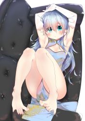  1girl absurdres armpits arms_up ass bare_legs bare_shoulders barefoot blue_eyes blush chinese_clothes couch dress feet hibiki_(kancolle) highres kantai_collection legs looking_at_viewer lying on_back on_couch open_mouth oyumaru0 pelvic_curtain silver_hair simple_background sleeveless sleeveless_dress solo spread_toes thighs toes white_background  rating:Sensitive score:23 user:MaryKuzoha