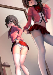  1girl artistic_error as109 ass bad_reflection blurry blurry_foreground blush bow bowtie breasts brown_eyes brown_hair cameltoe clothes_lift contrapposto depth_of_field feet_out_of_frame from_below fujino_karin glasses hair_tie hand_on_own_shoulder highres indoors juliet_sleeves lifting_own_clothes loli long_hair long_legs long_sleeves low_twintails microskirt midriff miniskirt mirror navel open_mouth original panties pleated_skirt puffy_sleeves red_skirt reflection revealing_clothes school_uniform self_exposure skirt skirt_lift small_breasts solo standing thighhighs twintails underwear upskirt white_panties white_thighhighs zettai_ryouiki  rating:Questionable score:456 user:danbooru