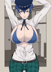  1girl blue_hair breasts cleavage hat highres large_breasts persona persona_4 poppenhaimu shirogane_naoto short_hair solo 