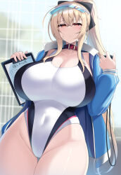  1girl :o absurdres black_ribbon blonde_hair blue_hair blue_jacket blush breasts cleavage clipboard collarbone commentary_request competition_swimsuit covered_navel crossed_bangs gradient_hair hair_ribbon highleg highleg_swimsuit highres holding holding_clipboard holding_stopwatch huge_breasts jacket kubiwa_(kutan) kutan long_hair looking_at_viewer multicolored_hair one-piece_swimsuit open_mouth original red_eyes ribbon sidelocks solo standing stopwatch swimsuit thighs two-tone_hair very_long_hair visor_cap watch white_one-piece_swimsuit wide_hips 