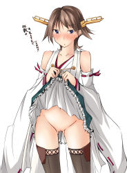 10s 1girl bare_shoulders blue_eyes blush boots brown_hair censored clothes_lift detached_sleeves hairband hiei_(kancolle) highres japanese_clothes kaminagi_(kaminagi-tei) kantai_collection no_legwear no_panties nontraditional_miko personification pussy short_hair skirt skirt_lift solo thigh_boots thighhighs translated rating:Explicit score:19 user:danbooru