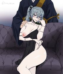  1boy 1girl arm_under_breasts arm_up black_dress blue_eyes breasts couch dress finger_to_mouth genderswap genderswap_(mtf) getou_suguru getou_suguru_(kenjaku) grey_eyes grey_hair hand_on_another&#039;s_shoulder harayukem heterochromia highres jujutsu_kaisen kesa large_breasts mahito_(jujutsu_kaisen) no_panties on_couch one_breast_out robe side_slit signature sitting stitched_arm stitched_face stitches tongue tongue_out  rating:Questionable score:37 user:danbooru