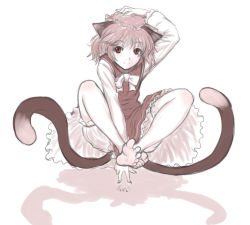 1girl animal_ears balancing bare_legs barefoot bloomers cat_ears cat_girl cat_tail chen feet female_focus hat kuro_suto_sukii monochrome multiple_tails pink_theme red_eyes short_hair sketch smile soles solo spread_toes tail toes touhou underwear rating:Sensitive score:8 user:danbooru