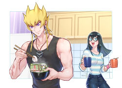  1boy 1girl arm_tattoo black_hair black_tank_top blonde_hair blue_eyes breasts cabinet carly_nagisa chopsticks coffee coffee_mug collarbone couple cup cup_ramen dangle_earrings denim earrings eating faucet food glasses holding holding_chopsticks holding_cup instant_ramen izapara jack_atlas jeans jewelry kitchen long_hair medium_breasts mug muscular muscular_male noodles open_mouth pants pendant purple_eyes ramen refrigerator round_eyewear shirt short_hair short_hair_with_long_locks smile spiked_hair striped_clothes striped_shirt tank_top tattoo teeth tile_wall tiles tongue upper_teeth_only yu-gi-oh! yu-gi-oh!_5d&#039;s 