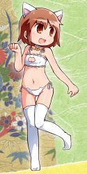  1girl :d akasaki_chinatsu animal_ears bell bra brown_eyes brown_hair cat_cutout cat_ear_panties cat_ears cat_lingerie choker cleavage_cutout clothing_cutout collar commentary_request fang frilled_bra frills full_body groin highres jingle_bell jinnouchi_akira kill_me_baby meme_attire navel neck_bell no_shoes open_mouth oribe_yasuna panties paw_pose short_hair side-tie_panties smile solo stomach thigh_gap thighhighs underwear white_bra white_panties white_thighhighs 