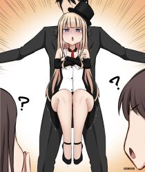  1girl blonde_hair blue_eyes blush clothed_sex confused crossed_arms faceless faceless_male hand_on_own_face hat heels highres hormkrun implied_sex necktie open_mouth sitting tagme top_hat trembling  rating:Questionable score:178 user:ppya1hl