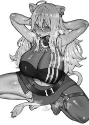  1girl absurdres animal_ear_fluff animal_ears armpits arms_behind_head belt blush breasts cleavage earrings embarrassed highres hololive inamimi_(sheep1733) jewelry large_breasts lion_ears lion_girl lion_tail long_hair looking_at_viewer monochrome navel pussy_juice see-through see-through_cleavage shishiro_botan shishiro_botan_(1st_costume) simple_background single_thighhigh skirt solo squatting sweat tail thighhighs tongue tongue_out virtual_youtuber white_background 
