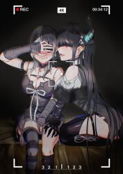  0-pie 2girls arm_warmers asymmetrical_horns asymmetrical_legwear black_choker black_gloves black_hair blush breasts choker closed_mouth clothing_cutout demon_horns dress gloves grey_hair hand_on_another&#039;s_shoulder highres hololive hololive_english horns jewelry lace-trimmed_choker lace_trim large_breasts layered_dress long_hair mismatched_legwear multicolored_hair multiple_girls multiple_rings nerissa_ravencroft nerissa_ravencroft_(1st_costume) parted_lips red_eyes ring shiori_novella shiori_novella_(1st_costume) short_dress shoulder_cutout sitting sleeveless sleeveless_dress split-color_hair striped_arm_warmers striped_clothes striped_thighhighs thigh_grab thighhighs tongue uneven_legwear very_long_hair viewfinder virtual_youtuber yuri 