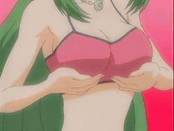  00s 1girl adjusting_clothes adjusting_swimsuit animated animated_gif bikini breast_lift breasts_squeezed_together breasts cleavage green_hair head_out_of_frame inukami! jewelry jiggle large_breasts leaning_forward long_hair lowres navel necklace screencap solo swimsuit youko_(inukami)  rating:Questionable score:58 user:danbooru