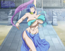  1girl bare_shoulders blue_hair breasts bursting_breasts cleavage closed_eyes covered_erect_nipples fairy_tail highres huge_breasts juvia_lockser navel rtenzo short_hair skindentation smile solo tagme  rating:Questionable score:29 user:Megapervert