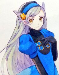  1girl black_gloves blue_dress blue_hairband commentary_request dress frilled_hairband frills gloves grey_hair hairband kanna_nijiniji lavenza_(persona_5) long_hair persona persona_5 puffy_short_sleeves puffy_sleeves short_sleeves simple_background solo white_background yellow_eyes 