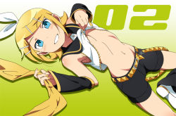  1girl arieko arm_warmers bad_id bad_pixiv_id belt blonde_hair blue_eyes blush breasts clothes_lift dutch_angle flat_chest grin groin hair_ornament hair_ribbon hairclip kagamine_rin looking_at_viewer lying midriff navel on_back parody ribbon shirt_lift short_hair shorts smile solo style_parody underboob vocaloid  rating:Questionable score:40 user:danbooru