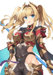  1girl absurdres bangs blonde_hair blue_eyes blush bodysuit breasts cape covered_navel granblue_fantasy hair_intakes hairband highres hip_vent large_breasts long_hair looking_at_viewer polearm red_armor sidelocks simple_background smile spear suiroh_(shideoukami) thighs tongue tongue_out twintails weapon zeta_(granblue_fantasy) 