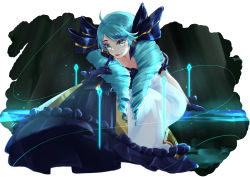 1girl absurdres ahoge black_bow black_dress black_gloves blue_hair bow breasts dress drill_hair frilled_dress frills gloves green_eyes green_hair grey_dress gwen_(league_of_legends) hair_bow highres league_of_legends long_dress long_hair needle night night_sky puffy_short_sleeves puffy_sleeves sewing_needle shan_linqin short_sleeves sky smile solo twin_drills white_background rating:Sensitive score:2 user:danbooru