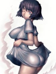  1girl ass black_hair breasts clothes_lift covered_erect_nipples dress dress_lift fumio_(rsqkr) grey_eyes impossible_clothes impossible_dress large_breasts light_smile looking_at_viewer no_headwear one_eye_closed shiina_mayuri shiny_clothes short_hair solo steins;gate wink  rating:Questionable score:170 user:danbooru