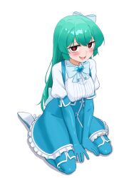  1girl absurdres blue_bow blue_bowtie blue_footwear blue_gemstone blue_gloves blue_skirt blush boots bow bow_skirt bowtie breasts buttons covered_erect_nipples elbow_gloves fold-over_boots fold-over_gloves frilled_skirt frills ganjin gem gloves green_hair hair_between_eyes hair_bow happy heart heart-shaped_gem heart-shaped_pupils high-waist_skirt high_heels highres long_hair looking_at_viewer magia_azure mahou_shoujo_ni_akogarete medium_breasts minakami_sayo open_mouth red_eyes shirt shoe_soles simple_background sitting skirt smile solo suspender_skirt suspenders symbol-shaped_pupils thigh_boots wariza white_background white_shirt 