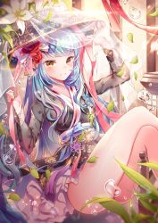  1girl bad_id bad_pixiv_id blue_hair blurry blush breasts bubble closed_mouth crossed_legs depth_of_field flower hair_flower hair_ornament hanbok holding holding_ribbon jeonmo korean_clothes long_hair looking_at_viewer maedeup medium_breasts original pink_ribbon plant red_flower ribbon sash sitting smile solo thighs tobi_(mue86) veil very_long_hair yellow_eyes 