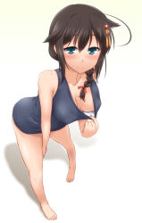 10s 1girl alternate_costume aqua_eyes bent_over black_hair blush braid breasts collar_tug collarbone downblouse female_focus hair_flaps hair_ornament hair_over_shoulder highres kantai_collection large_breasts looking_at_viewer one-piece_swimsuit school_swimsuit shigure_(kancolle) shigure_kai_ni_(kancolle) single_braid smile solo swimsuit yoshi_tama rating:Questionable score:29 user:danbooru