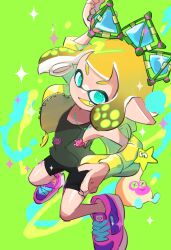 1girl :d arm_up bike_shorts black_shorts blonde_hair blue_eyes colored_tongue fang green_background green_tank_top highres inkling inkling_girl inkling_player_character jacket koike3582 nintendo octotrooper open_clothes open_jacket open_mouth pink_footwear pointy_ears ringed_eyes shoes short_hair shorts smile solo splat_bomb_(splatoon) splatoon_(series) suction_cups tank_top tentacle_hair unzipped yellow_jacket yellow_tongue zipper 