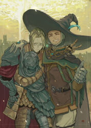  2boys absurdres arm_over_shoulder armor asymmetrical_gloves black_headwear blonde_hair cape castle commentary_request cowboy_shot cropped_legs d_hunter_of_the_dead dark_skin elden_ring frown gauntlets gloves glowing_tree greaves green_eyes hand_on_own_hip hat_feather head_down highres leaning_back leaning_forward looking_at_viewer male_focus mantle mismatched_gloves multiple_boys no_headwear pale_skin smile sorcerer_rogier thumbs_up tree tunic v white_gloves wide_brim yacco 