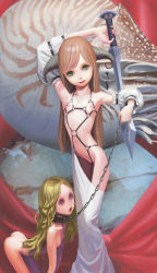 2girls armpits ass clothed_female_nude_female collar dreamer_tapir femdom flat_chest highres holding horns leash loli long_hair looking_at_viewer multiple_girls nautilus_(animal) navel nipples nude original pet slave smile standing sword weapon yuri rating:Questionable score:73 user:Domestic_Importer