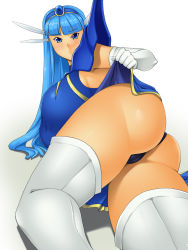  1990s_(style) 1girl armor ass blue_eyes blue_hair blue_hairband blush breasts clothes_lift dress dress_lift hairband huge_ass huge_breasts kawanuma_uotsuri looking_at_viewer lying magic_knight_rayearth official_alternate_costume panties pout retro_artstyle ryuuzaki_umi thighhighs thighs underwear white_thighhighs  rating:Questionable score:52 user:armorcrystal