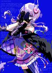  1girl a.i._voice arm_out_of_sleeve asymmetrical_legwear black_gloves black_jacket black_thighhighs blue_background blue_screen_of_death bracelet cevio character_name chimerism commentary_request cowboy_shot dress empire_waist english_text floating_hair fusion glitch gloves halter_dress halterneck hands_on_own_face hands_up highres hip_gear jacket jewelry looking_at_viewer mismatched_legwear mixed-language_commentary mojibake_commentary multiple_persona off_shoulder one_eye_covered open_clothes open_jacket pantyhose partial_commentary pty purple_dress purple_eyes purple_hair purple_jacket purple_pantyhose ribbed_dress short_dress short_hair_with_long_locks single_leg_pantyhose single_thighhigh solo thighhighs vocaloid voiceroid yuzuki_yukari yuzuki_yukari_(a.i._voice) yuzuki_yukari_(lin) yuzuki_yukari_(nagi) yuzuki_yukari_(onn) yuzuki_yukari_(rei) yuzuki_yukari_(shizuku) 