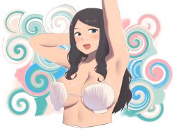  1girl :d arm_behind_head arm_up armpits bikini black_hair blush breasts highres large_breasts looking_at_viewer open_mouth original ryokucha_michi shell shell_bikini simple_background smile solo swimsuit upper_body  rating:Sensitive score:39 user:danbooru