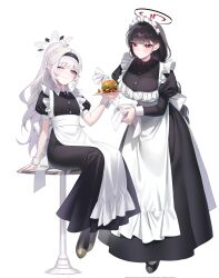  2girls ;) ;3 alternate_costume alternate_hairstyle apron arm_support bar_stool black_dress black_hair blue_archive blunt_bangs blush breasts bright_pupils burger commentary dress enmaided food frilled_apron frills full_body hairband halo highres himari_(blue_archive) holding holding_pastry_bag holding_tray juliet_sleeves large_breasts long_dress long_hair long_sleeves looking_at_viewer maid maid_apron maid_headdress mixed-language_commentary multiple_girls one_eye_closed pastry_bag pointy_ears ponytail puffy_short_sleeves puffy_sleeves purple_eyes raki_kr red_eyes ringed_eyes rio_(blue_archive) short_sleeves sidelocks simple_background sitting smile solo stool tray white_apron white_background white_hair white_pupils wrist_cuffs 