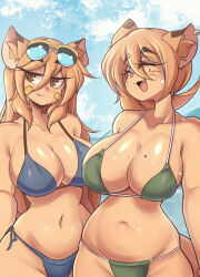  2girls :/ :3 absurdres age_difference animal_ears ass bikini blue_one-piece_swimsuit blue_sky breasts cat_boy cat_ears cat_girl cat_tail curvy earrings fang feet_out_of_frame furry goya&#039;s_mother goya_(lucyfer) green_bikini highres jewelry large_breasts long_hair looking_at_viewer lucyfer medium_hair meme meme_attire mother_and_daughter multiple_girls nail_polish navel no_humans one-piece_swimsuit original shiny_clothes simple_background sky smile sunglasses sweat swimsuit tail thong_bikini wide_hips 