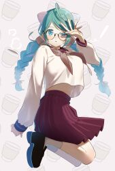  1girl absurdres ahoge black_footwear blue_eyes blush braid breasts brown_neckerchief brown_sailor_collar coffee coffee_cup cup disposable_cup facial_tattoo feet_up food-themed_background from_side full_body glasses green_hair hand_up highres indie_virtual_youtuber itopoid jumping large_breasts long_hair looking_at_viewer looking_to_the_side low_twin_braids midriff_peek neckerchief parted_lips patterned_background pleated_skirt red_skirt sailor_collar school_uniform serafuku shading_eyes shirt shirt_overhang shoes skirt solo tattoo twin_braids twisted_torso uneven_eyes white_shirt yokujitsu 