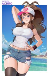 1girl achromaru arm_behind_head baseball_cap black_thighhighs blue_eyes blue_sky border breasts brown_hair cloud commentary creatures_(company) denim denim_shorts english_commentary game_freak hand_on_own_hip hat high_ponytail highres hilda_(pokemon) large_breasts long_hair looking_at_viewer midriff nintendo ocean outdoors outside_border paid_reward_available parted_lips patreon_username pokemon pokemon_bw ponytail shirt shorts signature sky sleeveless sleeveless_shirt smile solo thighhighs white_border white_shirt wristband  rating:Sensitive score:26 user:danbooru