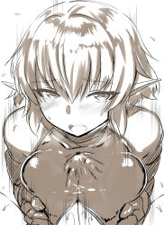  1boy 1girl bad_id bad_pixiv_id belko between_legs blush grabbing_another&#039;s_breast breasts_squeezed_together breasts cum ejaculation ejaculation_under_clothes elbow_gloves elf eyelashes fang gloves grabbing half-closed_eyes hetero looking_up monochrome motion_lines open_mouth original paizuri paizuri_under_clothes pointy_ears pov small_breasts solo_focus sweat  rating:Explicit score:49 user:danbooru