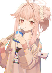  1girl ahoge blue_archive blush drink drinking_straw drumsticks hair_between_eyes halo highres holding holding_drink holding_drumsticks jacket long_hair long_sleeves looking_at_viewer natsu_(band)_(blue_archive) natsu_(blue_archive) official_alternate_costume open_clothes open_jacket original-orange-610917 parted_lips pink_hair pink_halo red_eyes shirt simple_background solo white_background white_shirt yellow_jacket 