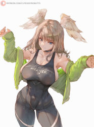 1girl bare_shoulders black_bodysuit blue_eyes bodysuit breast_tattoo breasts choker cleavage collarbone covered_erect_nipples covered_navel cutesexyrobutts eunie_(xenoblade) green_jacket head_wings highres jacket large_breasts light_brown_hair long_hair long_sleeves looking_at_viewer off_shoulder open_clothes open_jacket smile solo tattoo thighs white_wings wings xenoblade_chronicles_(series) xenoblade_chronicles_3 rating:Sensitive score:77 user:Vardigiil