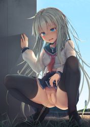 1girl absurdres blue_eyes cleft_of_venus hibiki_(kancolle) highres isurugi kantai_collection no_panties outdoors peeing pussy school_uniform silver_hair solo squatting thighhighs uncensored rating:Explicit score:74 user:akarin_akari