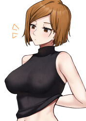  1girl absurdres alternate_breast_size arm_behind_back breasts brown_eyes brown_hair closed_mouth covered_erect_nipples expressionless highres jujutsu_kaisen kugisaki_nobara large_breasts midriff nassss navel no_bra parted_bangs short_hair simple_background sleeveless sleeveless_turtleneck solo turtleneck upper_body white_background  rating:Questionable score:72 user:danbooru