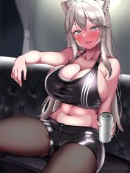  1girl absurdres alcohol animal_ears blush breasts can clothes earrings female_focus grey_eyes grey_hair highres holding holding_can hololive huge_breasts jewelry long_hair open_mouth piercing shishiro_botan sitting smile solo virtual_youtuber yorozukaki 